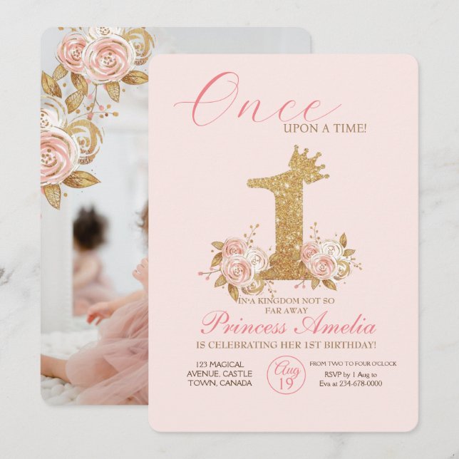 Invitación Shine Golden Crown Princess First Birday Party (Anverso / Reverso)
