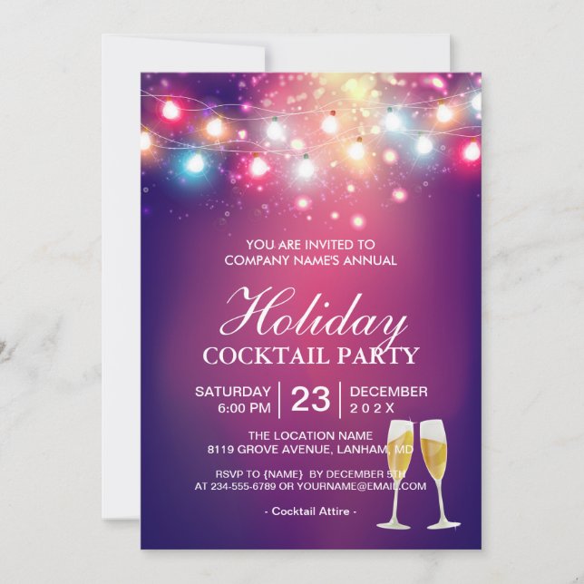 Invitación Shiny Bokeh String Lights Holiday Cocktail Fiesta (Anverso)