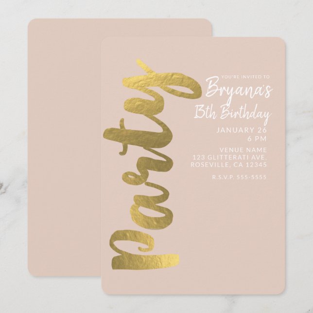 Invitación Shiny Faux Relieve metalizado dorado Beige CUALQUI (Anverso / Reverso)