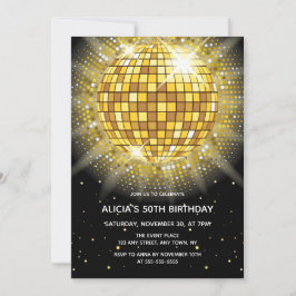 Invitación Shiny Gold Halftone Disco Ball Nacimiento Negro