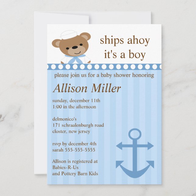 Invitación Ships Ahoy Nautical Boy Baby Shower (Anverso)