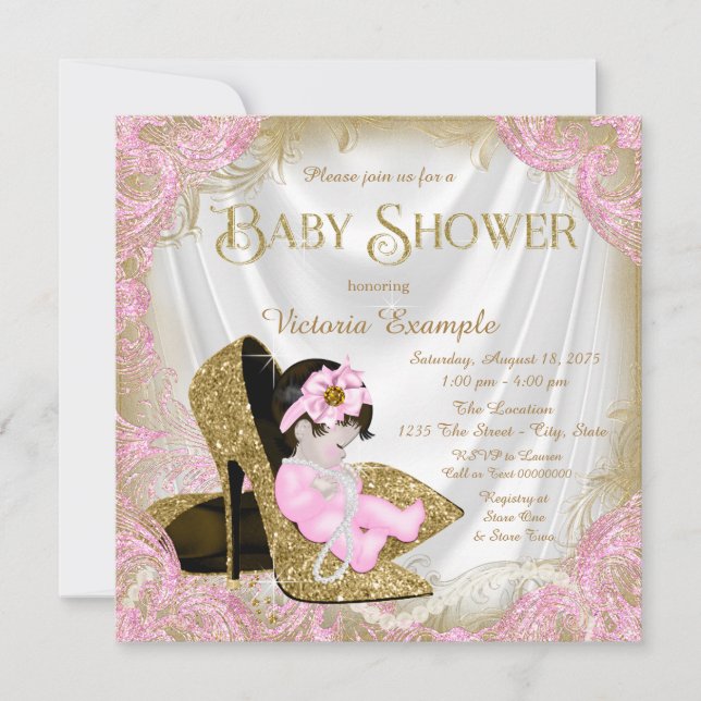 Invitación Shoe Pearl Baby Shower Purpurina Rosa y Oro (Anverso)