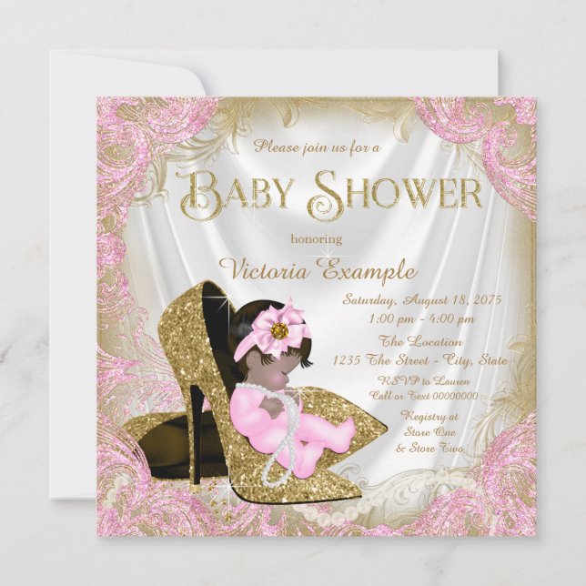 Invitación Shoe Pearl Baby Shower Purpurina Rosa y Oro (Anverso)