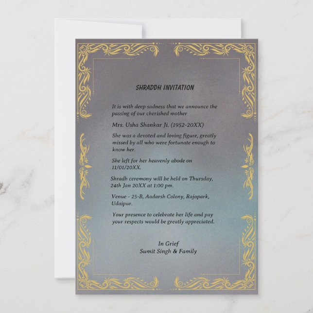 Invitación Shok Sandesh Hindu Shraddh (Anverso)
