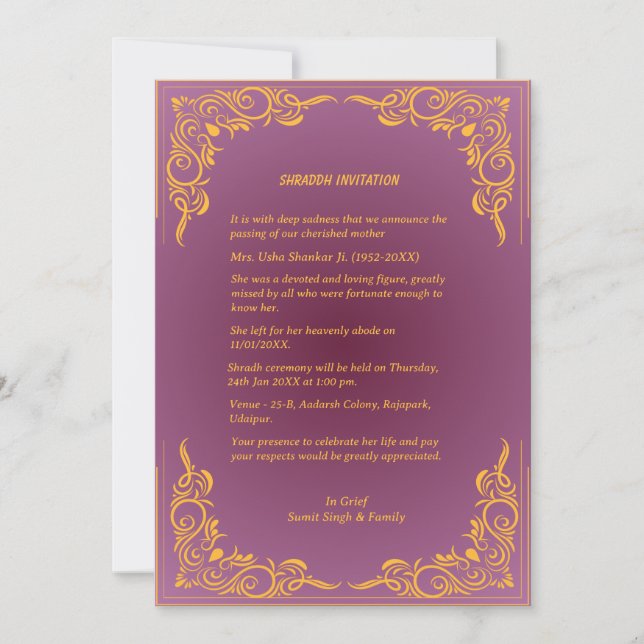 Invitación Shok Sandesh Hindu Shraddh (Anverso)