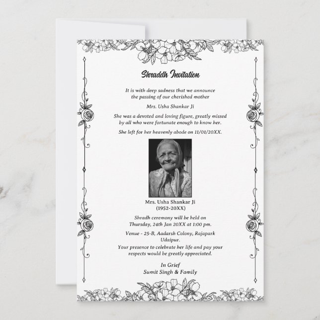 Invitación Shok Sandesh Hindu Shraddh (Anverso)