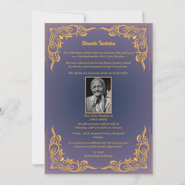 Invitación Shok Sandesh Hindu Shraddh (Anverso)