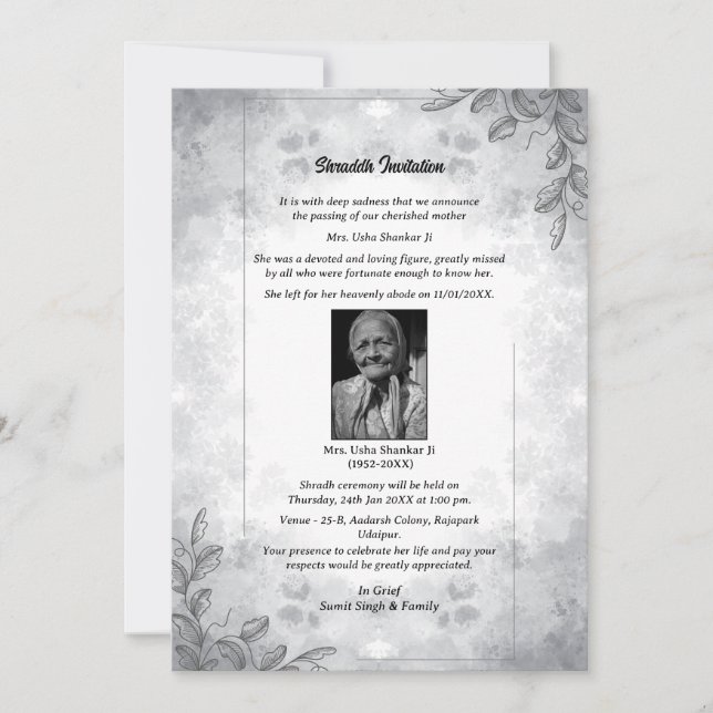 Invitación Shok Sandesh Hindu Shraddh (Anverso)