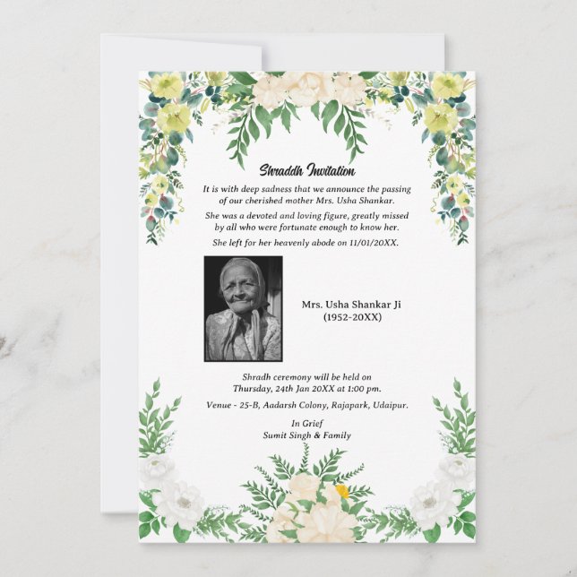 Invitación Shok Sandesh Hindu Shraddh (Anverso)