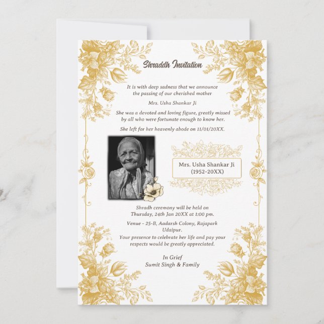 Invitación Shok Sandesh Hindu Shraddh (Anverso)