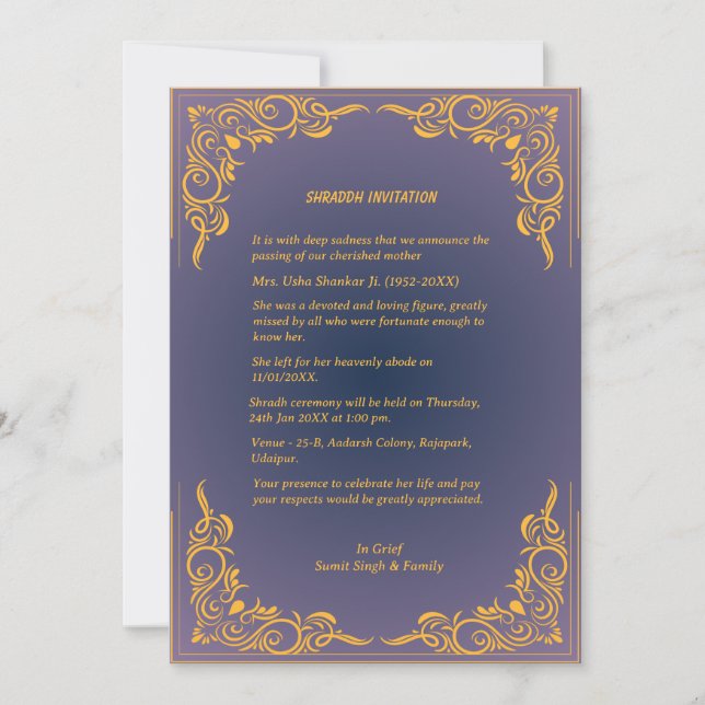 Invitación Shok Sandesh Hindu Shraddh (Anverso)