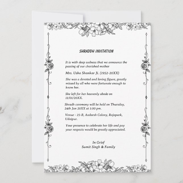 Invitación Shok Sandesh Hindu Shraddh (Anverso)