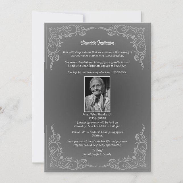 Invitación Shok Sandesh Hindu Shraddh (Anverso)