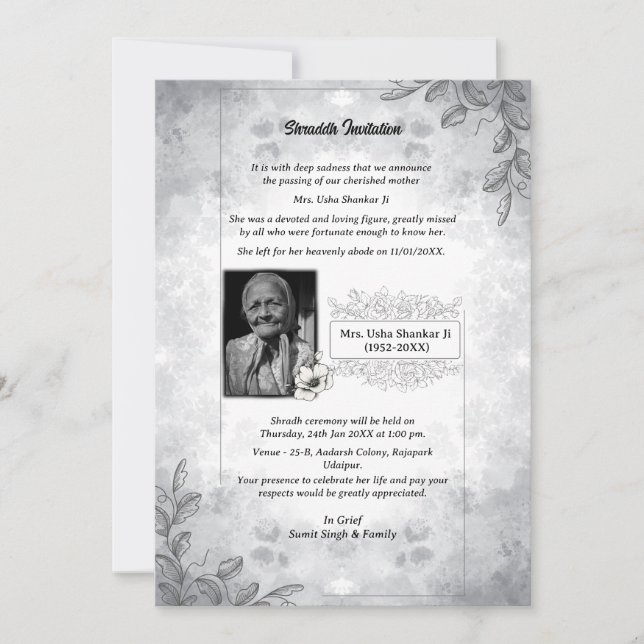 Invitación Shok Sandesh Hindu Shraddh (Anverso)