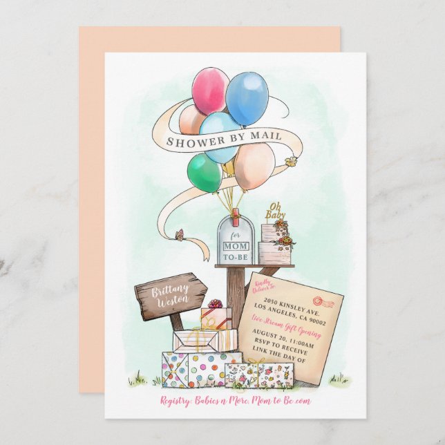 Invitación Shower By Mail Virtual Baby Shower Balloon Buzón (Anverso / Reverso)