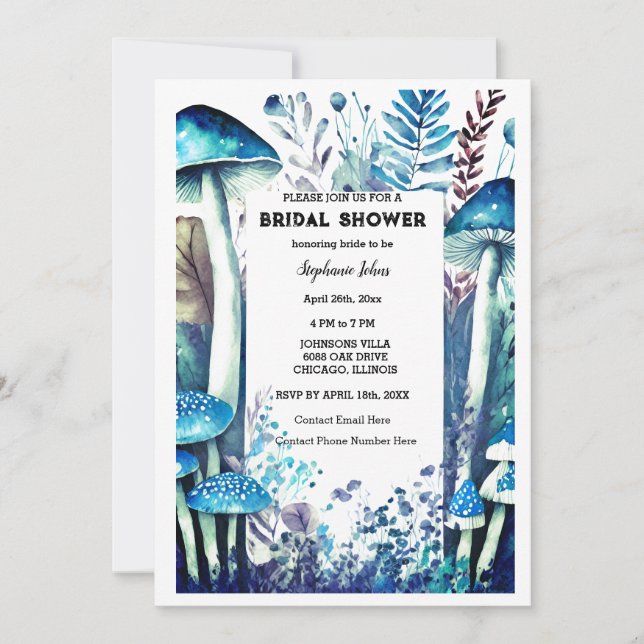 Invitación Shower Dusty Blue Boda Mushroom Woodland (Anverso)
