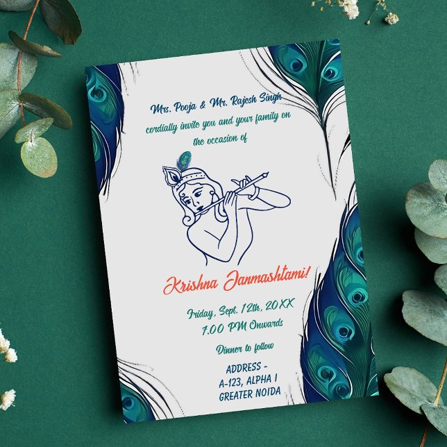 Invitación Shri Krishna Janmashtami Peacock Feather (Subido por el creador)