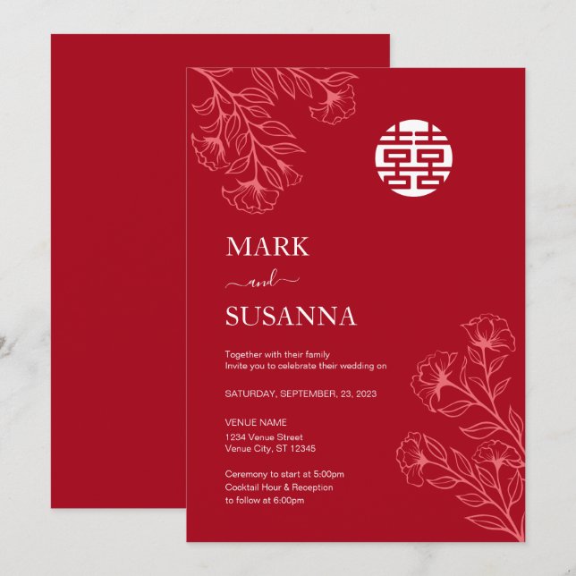 Invitación Shuang Xi Floral Traditional Chinese Wedding (Anverso / Reverso)