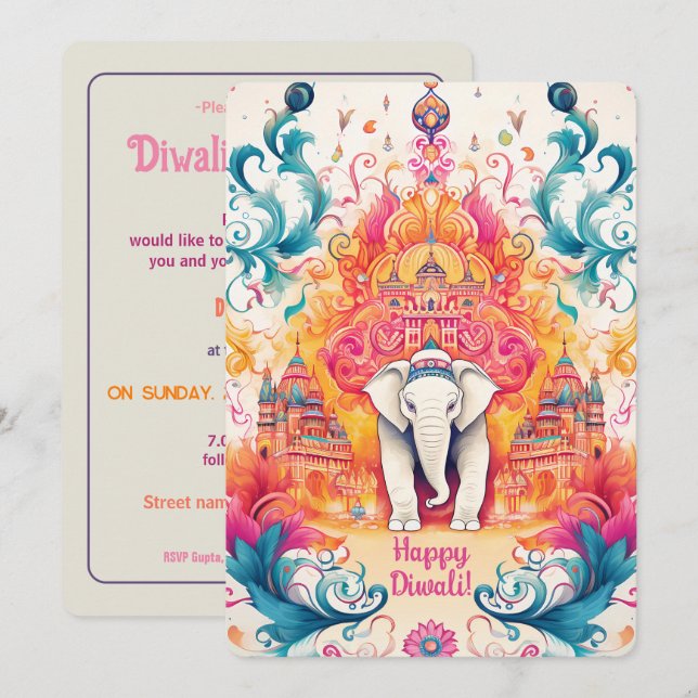 Invitación 🐘 Shubh Diwali con la elegancia acuarela (Anverso / Reverso)