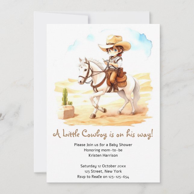 Invitación ¡Sí, Fiesta! Watercolor Cowboy Baby Shower (Anverso)