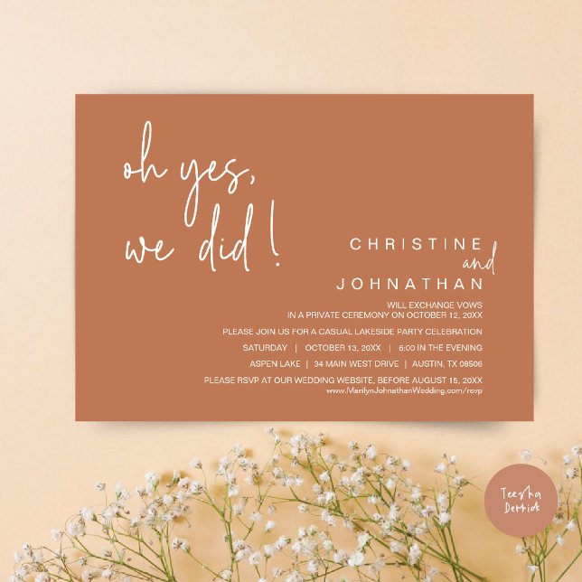 Invitación Sí, Lo Hicimos, Boda Elopement, Copper Rust (Oh Yes, We Did, Modern Wedding Elopement Dinner Party Invitation Card, PDF, Copper Rust Brown)