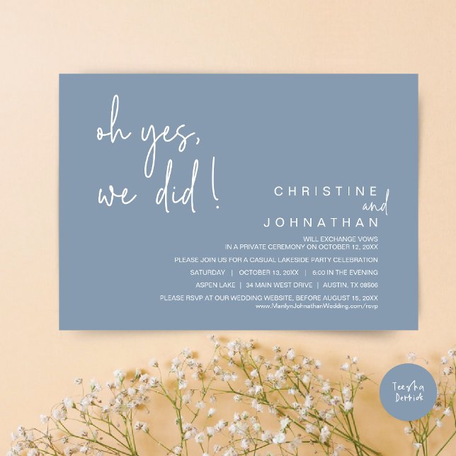Invitación Sí, Lo Hicimos, Boda Elopement, Dusty Blue (Oh Yes, We Did, Modern Wedding Elopement Dinner Party Invitation Card, PDF, Dusty Blue)