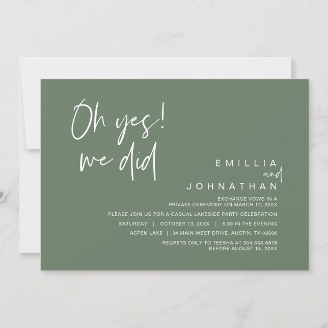 Invitación Sí, Lo Hicimos, Boda Elopement Fiesta (Anverso)