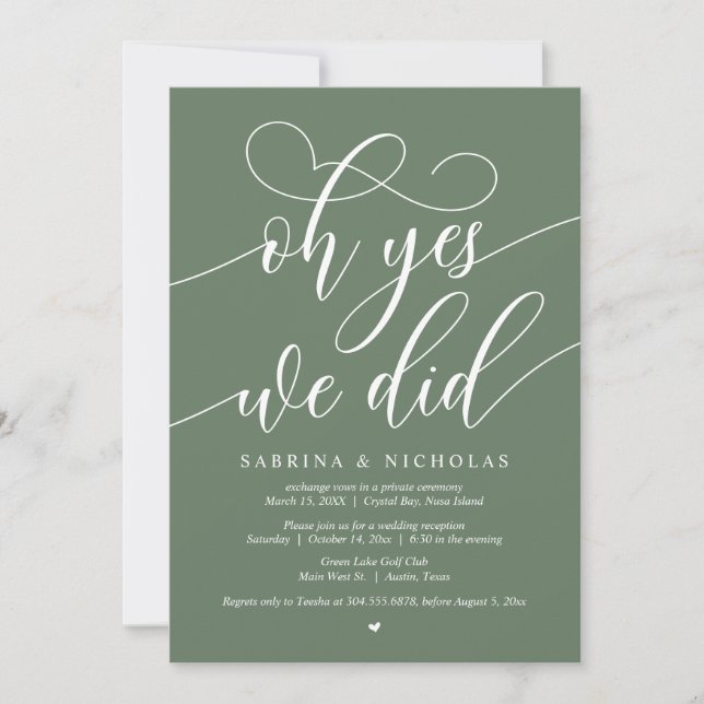 Invitación Sí, Lo Hicimos, Boda Elopement Fiesta (Anverso)