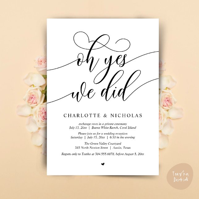 Invitación Sí, Lo Hicimos, Boda Elopement Fiesta (Oh Yes, We Did, Modern Wedding Elopement Reception Dinner Party Invites Card PDF White Black)
