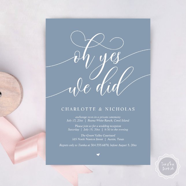 Invitación Sí, Lo Hicimos, Boda Elopement Fiesta (Oh Yes, We Did, Modern Wedding Elopement Reception Dinner Party Invites Card PDF Dusty Blue)