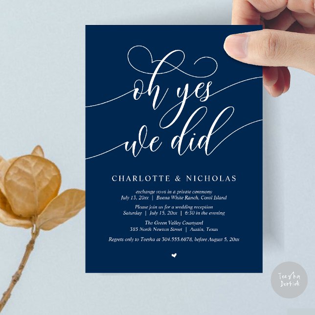 Invitación Sí, Lo Hicimos, Boda Elopement Fiesta (Oh Yes, We Did, Modern Wedding Elopement Reception Dinner Party Invites Card PDF Navy Blue)