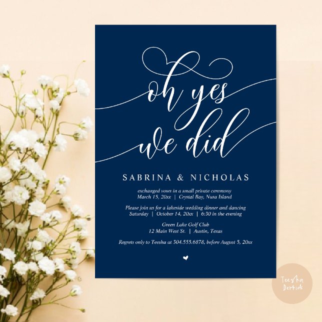 Invitación Sí, Lo Hicimos, Boda Elopement Fiesta (Oh Yes, We Did, Wedding Elopement Dinner Brunch Lunch Party Invites Card, PDF, Navy Blue)