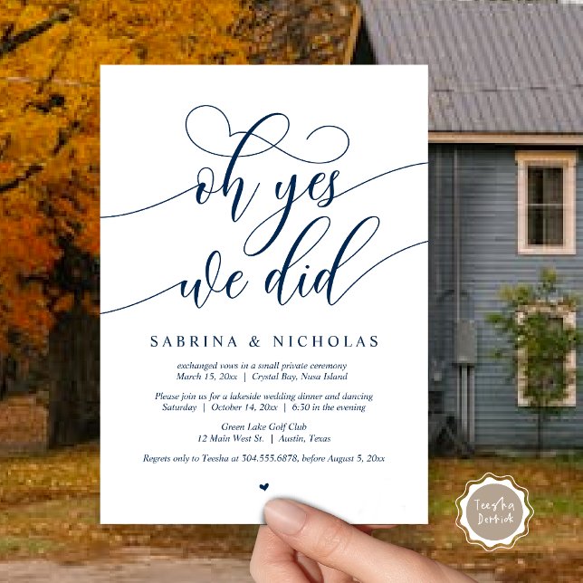 Invitación Sí, Lo Hicimos, Boda Elopement Fiesta (Oh Yes, We Did, Wedding Elopement Dinner Brunch Lunch Party Invites Card, PDF, Navy Blue)