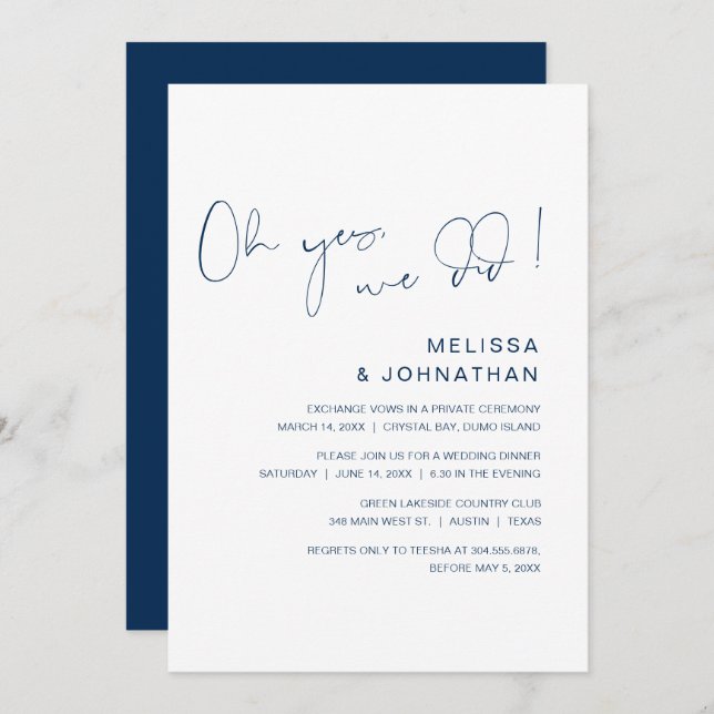 Invitación Sí, lo hicimos, Boda Elopement Fiesta, Navy Blue (Anverso / Reverso)