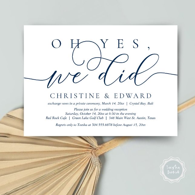 Invitación Sí, Lo Hicimos, Boda Elopement Romantic Dinner (Oh Yes, We Did, Wedding Elopement Dinner Invitation Card, PDF, Modern Romantic, in navy Blue)