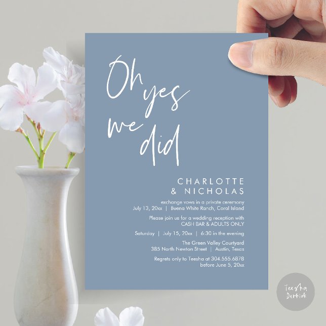Invitación Sí, Lo Hicimos, Boda Fiesta De Cena (Oh Yes, We Did, Modern Wedding Elopement Reception Dinner Party Invites Card PDF Dusty Blue)