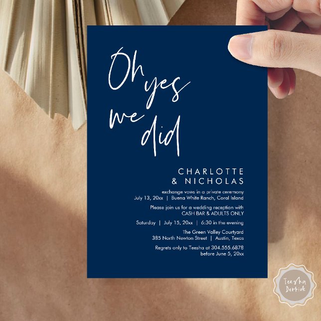 Invitación Sí, Lo Hicimos, Boda Fiesta De Cena (Oh Yes, We Did, Modern Wedding Elopement Reception Dinner Party Invites Card PDF Navy Blue)