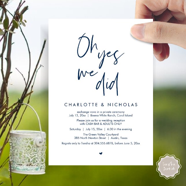 Invitación Sí, Lo Hicimos, Boda Fiesta De Cena (Oh Yes, We Did, Modern Wedding Elopement Reception Dinner Party Invites Card PDF Navy Blue)