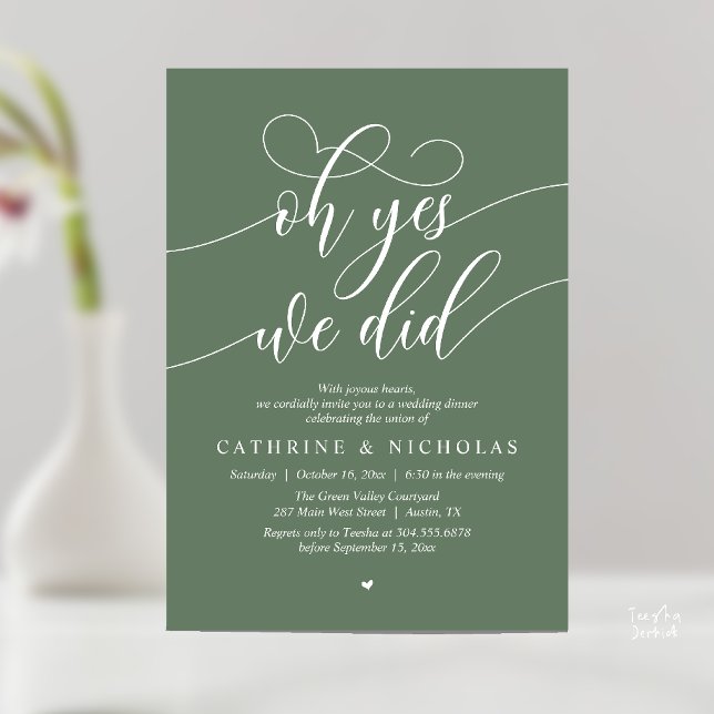 Invitación Sí, lo hicimos, Cena de Elopement de Boda Moderna (Oh Yes, We Did, Modern Romantic Wedding Elopement Dinner Invitation Card in Forest Sage Green)