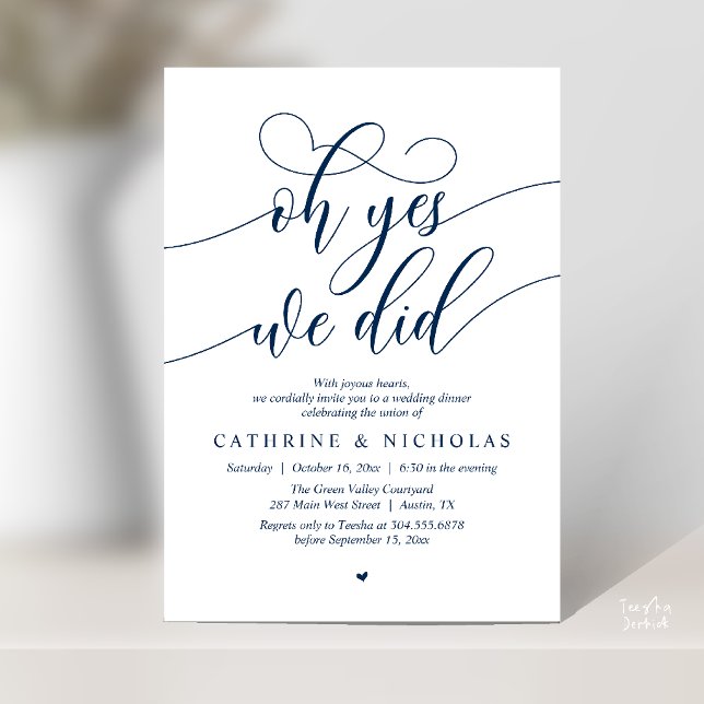 Invitación Sí, lo hicimos, Cena de Elopement de Boda Moderna (Oh Yes, We Did, Modern Romantic Wedding Elopement Dinner Invitation Card in Navy Blue)