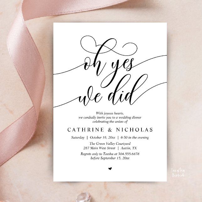 Invitación Sí, lo hicimos, Cena de Elopement de Boda Moderna (Oh Yes, We Did, Modern Romantic Wedding Elopement Dinner Invitation Card in Black and White)