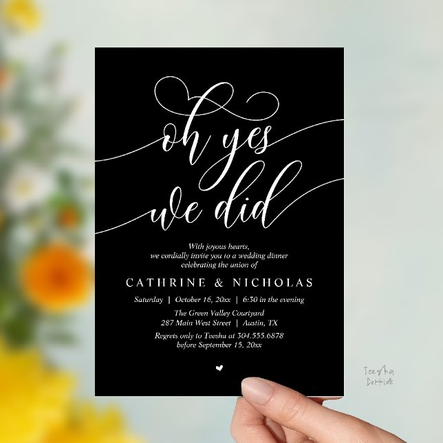 Invitación Sí, lo hicimos, Cena de Elopement de Boda Moderna (Oh Yes, We Did, Modern Romantic Wedding Elopement Dinner Invitation Card in Black and White)