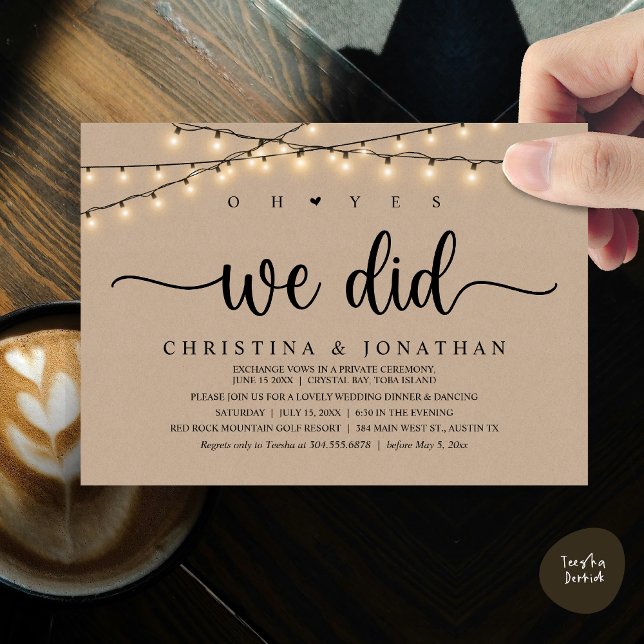 Invitación Sí, Lo Hicimos, Cena Rústica Boda Elopement (Oh Yes, We Did, Rustic Wedding Dinner Elopement Invitation Card, PDF, String Lights Brown Kraft)