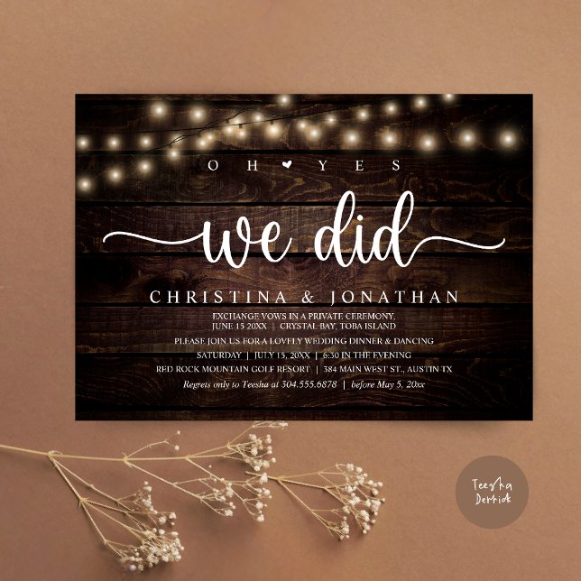 Invitación Sí, Lo Hicimos, Cena Rústica Boda Elopement (Oh Yes, We Did, Rustic Wedding Dinner Elopement Invitation card, pdf, in cottage dark wood)