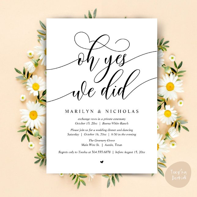 Invitación Sí, lo hicimos, Fiesta de Cena de Boda Fugada (Oh Yes, We Did, Wedding Elopement Dinner Romantic Modern Party Invitation Card PDF Black White)