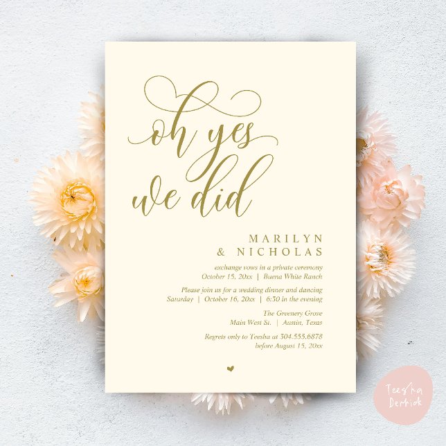 Invitación Sí, lo hicimos, Fiesta de cena de boda improvisada (Oh Yes, We Did, Wedding Elopement Dinner Romantic Modern Party Invitation Card PDF Yellow Gold)