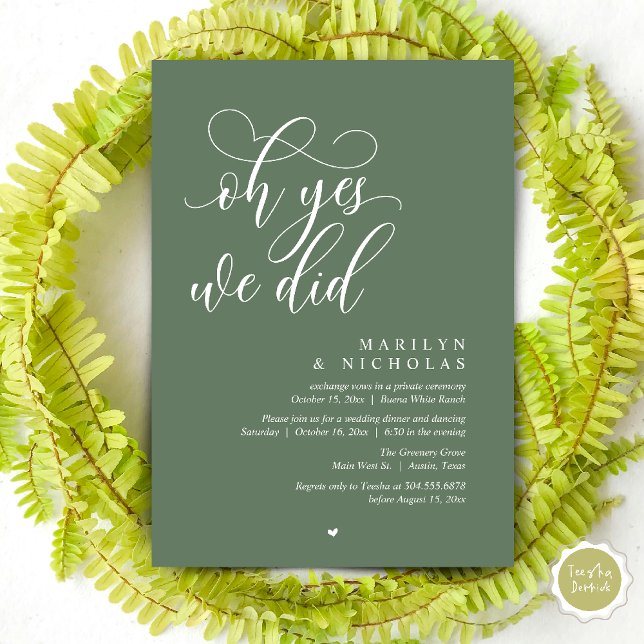 Invitación Sí, lo hicimos, Fiesta de cena de boda improvisada (Oh Yes, We Did, Wedding Elopement Dinner Romantic Modern Party Invitation Card PDF Sage Green)