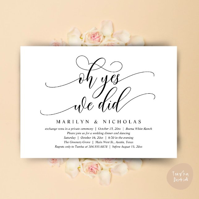 Invitación Sí, lo hicimos, moderna cena Boda y Fiesta (Oh Yes, We Did, Wedding Elopement Dinner Romantic Modern Party Invitation Card PDF Black White)