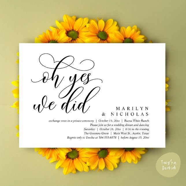 Invitación Sí, lo hicimos, moderna cena Boda y Fiesta (Oh Yes, We Did, Wedding Elopement Dinner Romantic Modern Party Invitation Card PDF Black White)