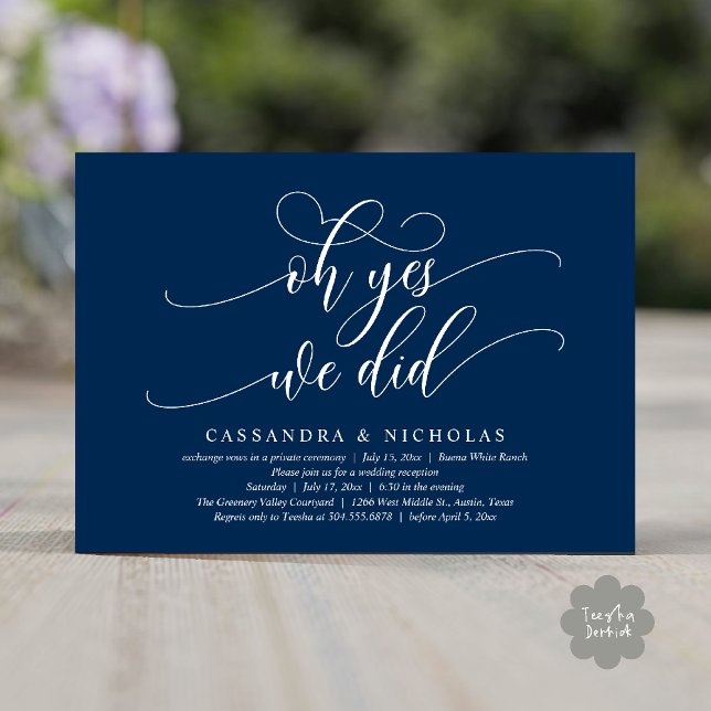 Invitación Sí, Lo Hicimos, Moderna Recepción De Bodas Románti (Oh Yes, We Did, Modern Romantic Modern Wedding Reception Invitation Card PDF Classy Navy Blue)